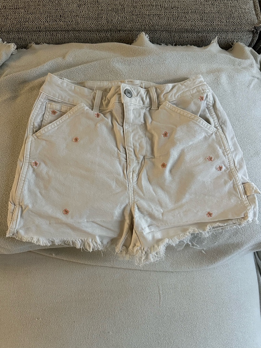 American Eagle Outfitters Cream Denim Shorts with Pink Embroidery